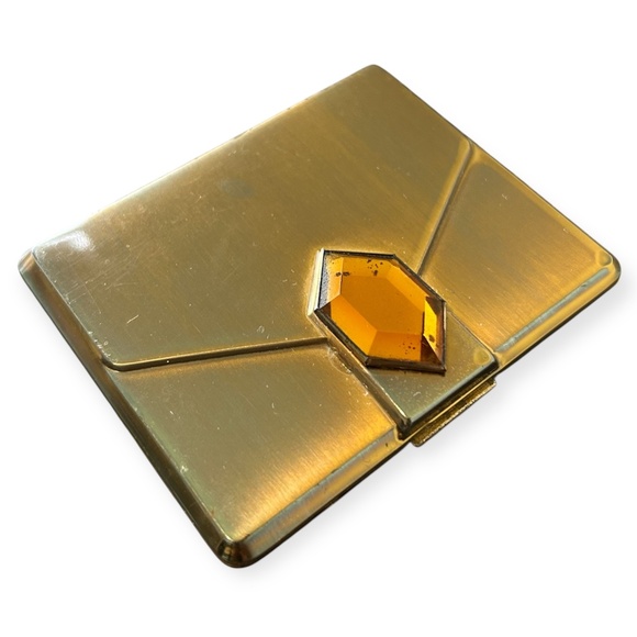Vintage 1950’s Elgin American Powder Compact Mirror Brass Large Topaz Rhinestone - Picture 1 of 8